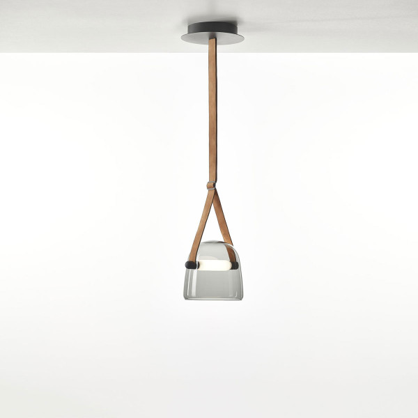 MONA M PENDENT - smoke grey - natural leather - black canopy